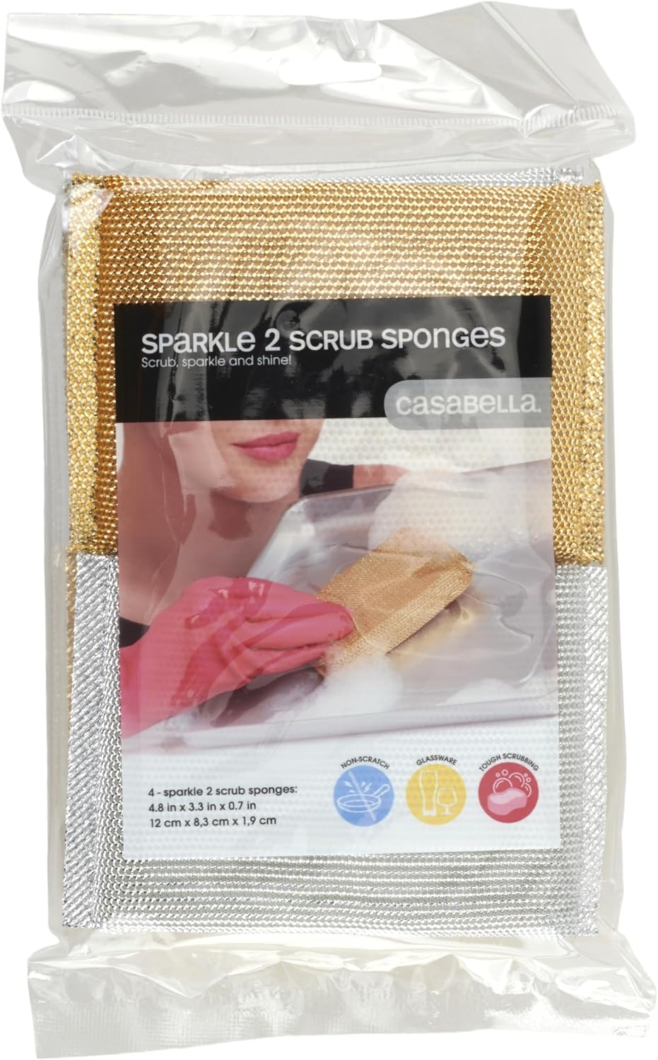 Casabella Sparkle Scrub Sponge Set Absorbent Sponges with Scrubber Exterior Dishwasher-Safe, 4-Pack